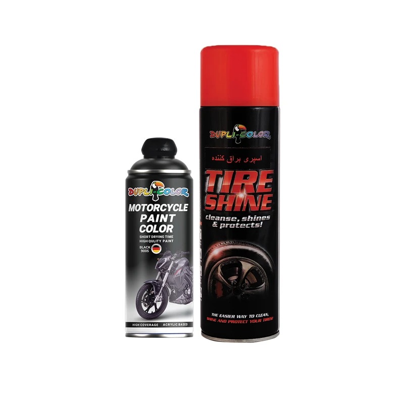واکس محافظ و براق کننده لاستیک و اسپری رنگ موتور سیکلت مشکی مات دوپلی کالر مدل 9005 حجم 400 میلی لیتر مجموعه 2 عددی