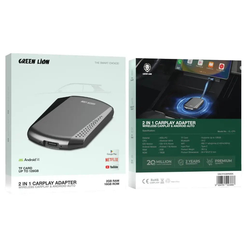 آداپتور و دانگل بلوتوثی کارپلی و اندروید اتو خودرو گرین‌لاین /Green Lion 2 in 1 CarPlay Adapter 2GB Ram - Black