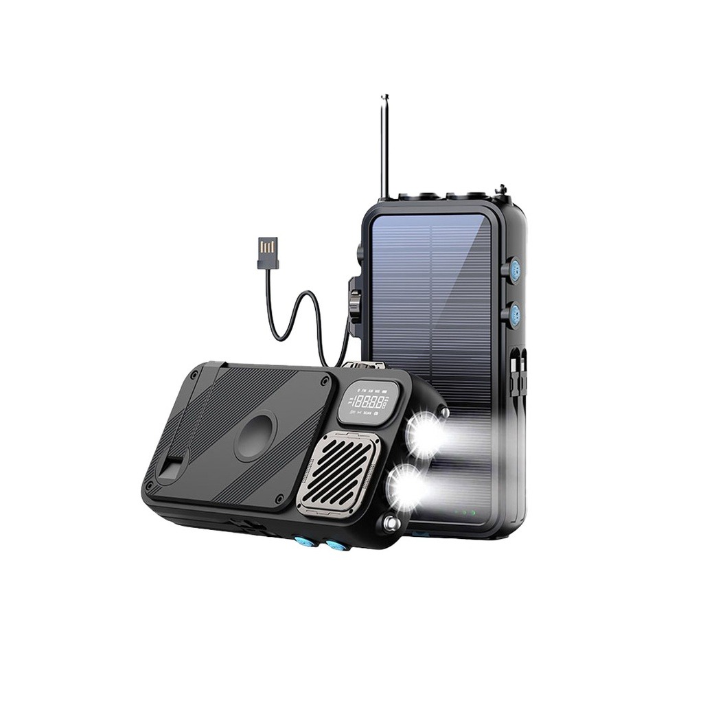 Powerology 16000mAh Solar Power Bank with FM Radio Speaker and Lights - Black / پاوربانک خورشیدی 16000 و اسپیکر بلوتوث و رادیو و چراغ قوه پاورولوژی