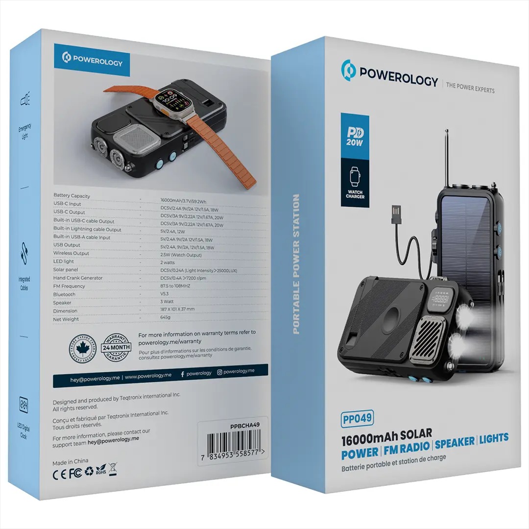 Powerology 16000mAh Solar Power Bank with FM Radio Speaker and Lights - Black / پاوربانک خورشیدی 16000 و اسپیکر بلوتوث و رادیو و چراغ قوه پاورولوژی