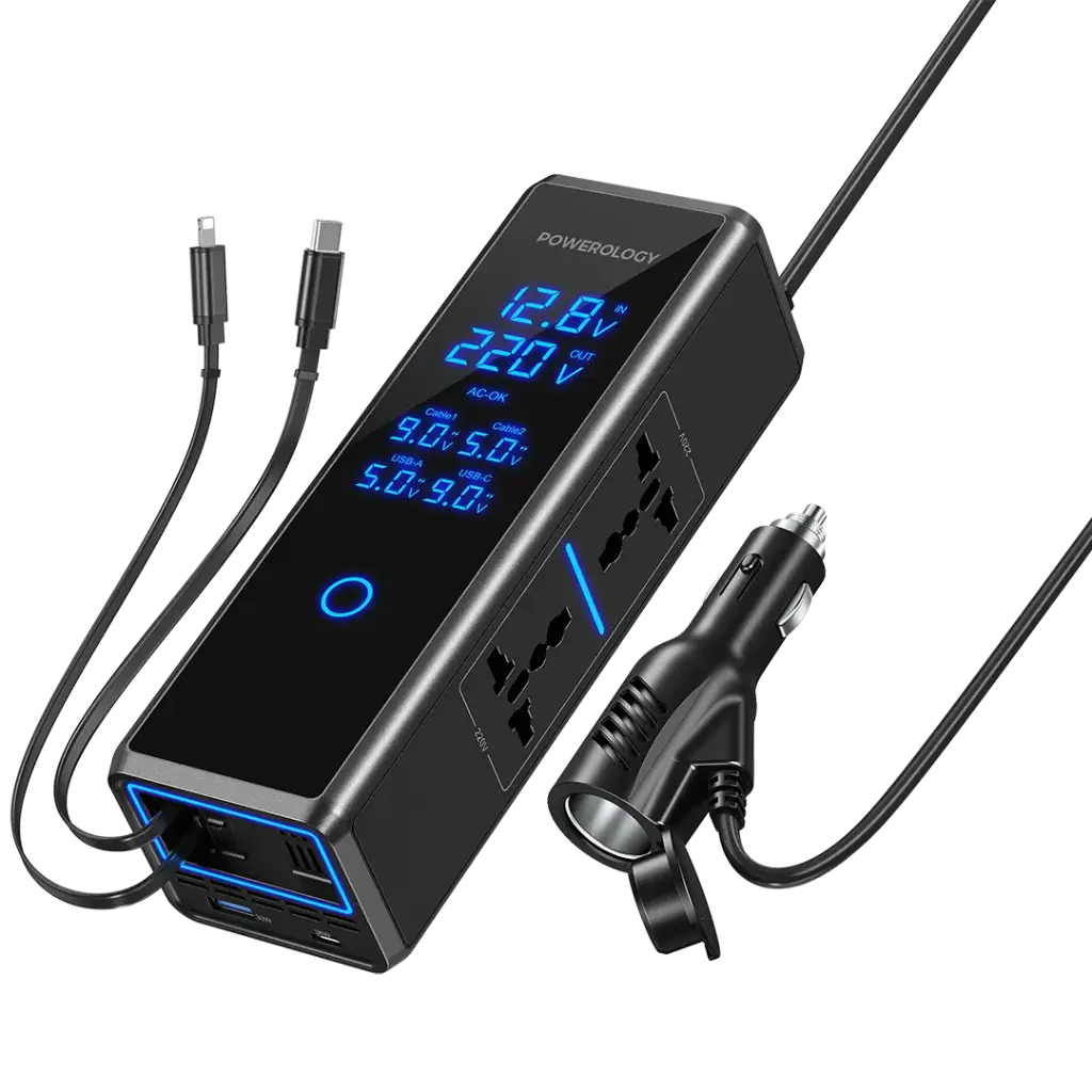 اینورتر شارژر فندکی ۳۰۰ واتی نمایشگردار پاورلوژی/ Powerology 2AC Universal 300W Power Inverter