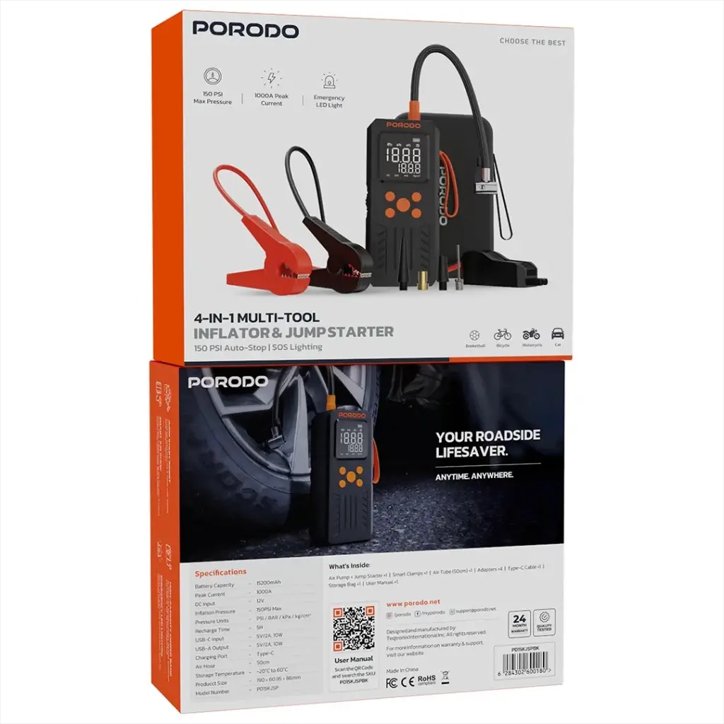 جامپ استارتر و کمپرسور پرودو /   Porodo 4-In-1 Multi-Tool Inflator and Jump Starter