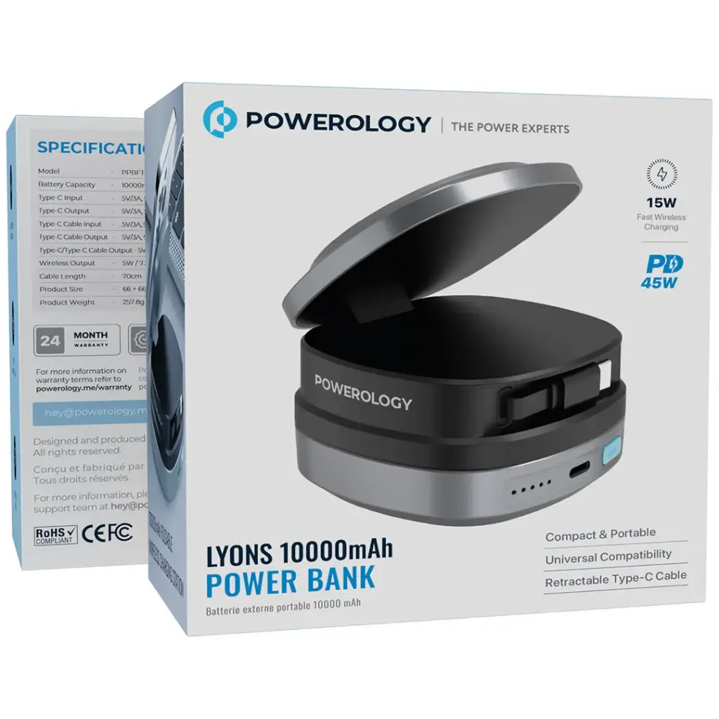 پاوربانک مدل Lyons ظرفیت 10000 میلی آمپری پاورولوژی / Powerology Lyons 10000mAh Power Bank